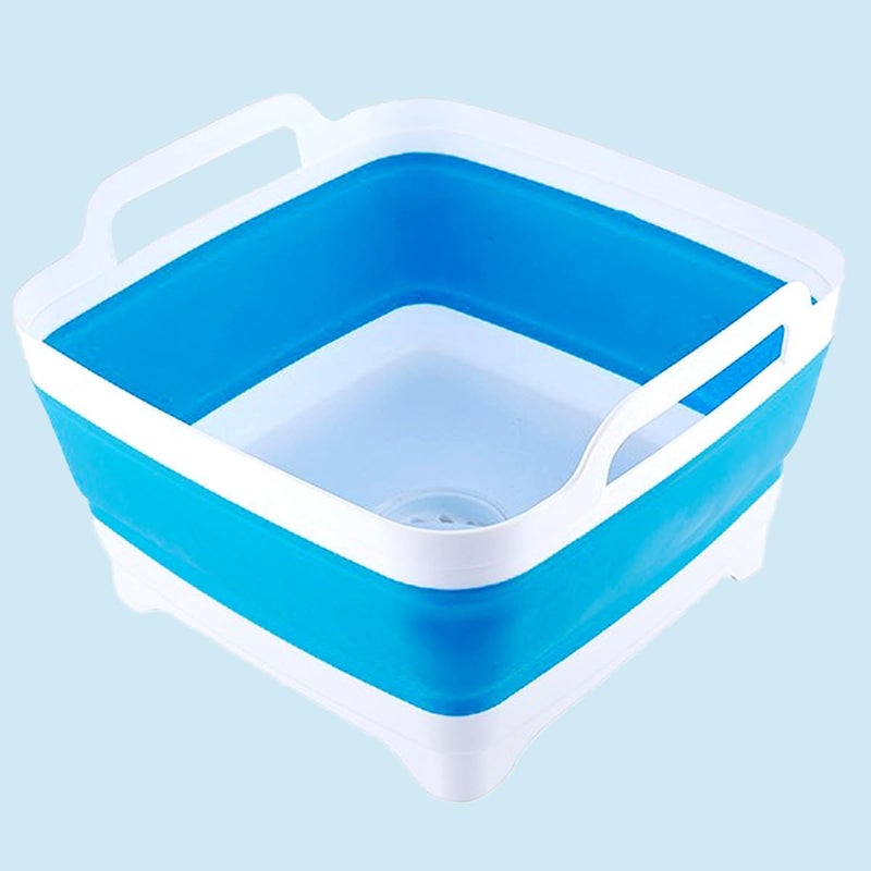 ZhildChen n Collapsible Dish Pans for Washing Dishes 9L Portable Wash Dish Basin Foldable Laundry Tub with Drain Plug for Kitchen Sink Camping RV Accessories (White blue) - Image 1